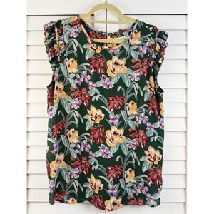 LOFT Floral Blouse Women XL Green Ruffle Sleeve Keyhole Back